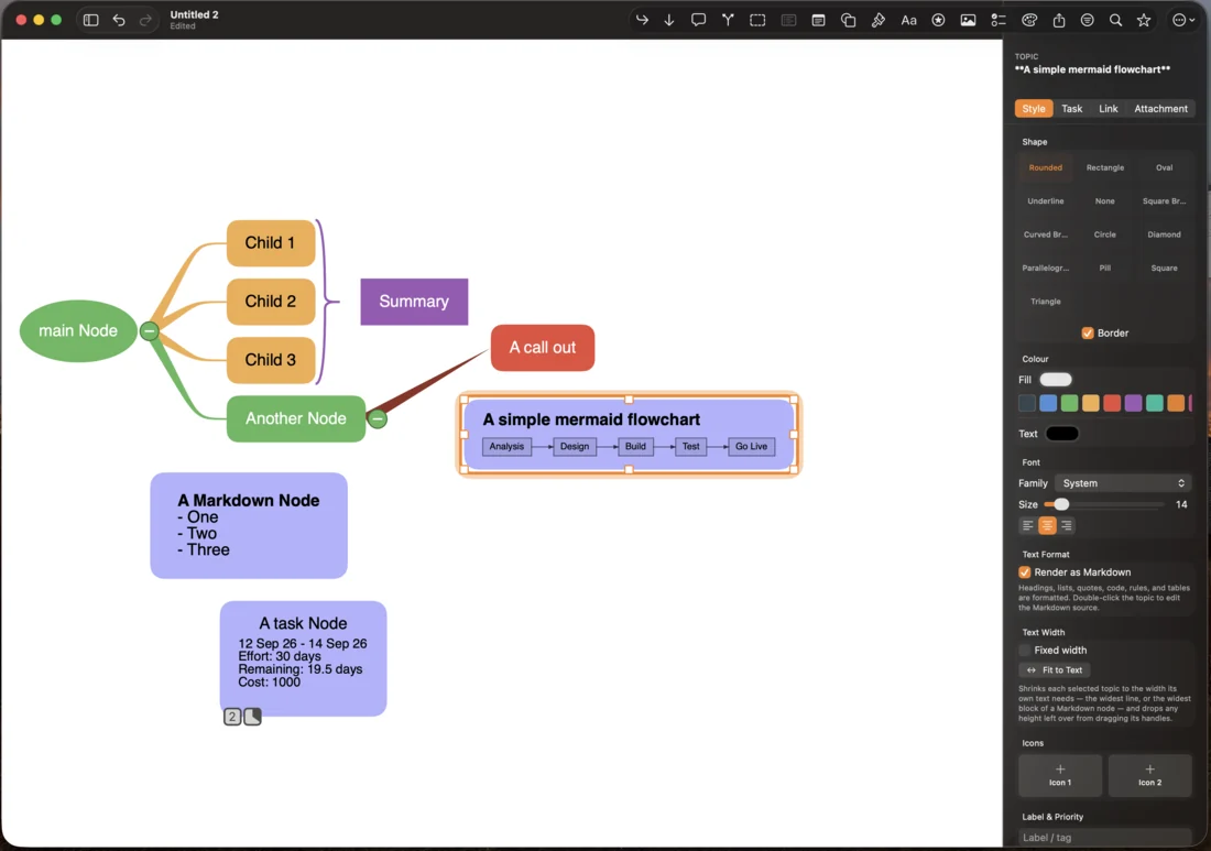 MindBuilder on macOS with the style inspector open, showing shape, colour, font and text-width controls.